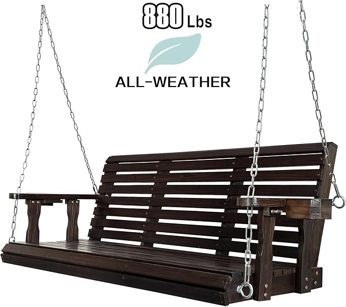 Fortune Candy Wooden Porch Swing 3-Seater, High Backrest and Deep Seat, Bench Swing with Cupholders - Photo 3