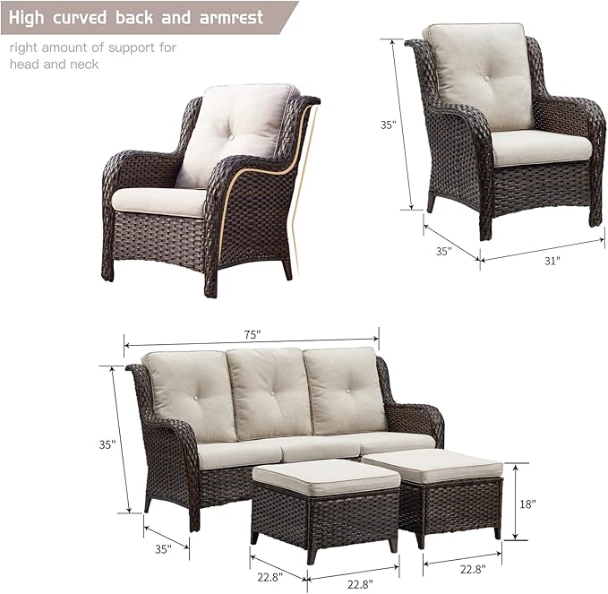 HUMMUH Outdoor Furniture 5 Pieces Patio Furniture Set Wicker Outdoor Sectional Sofa with 2 Patio Chairs,Ottomans