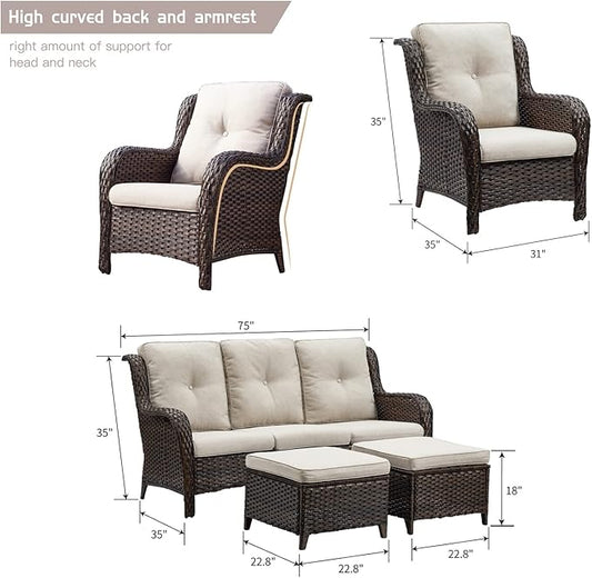 HUMMUH Outdoor Furniture 5 Pieces Patio Furniture Set Wicker Outdoor Sectional Sofa with 2 Patio Chairs,Ottomans