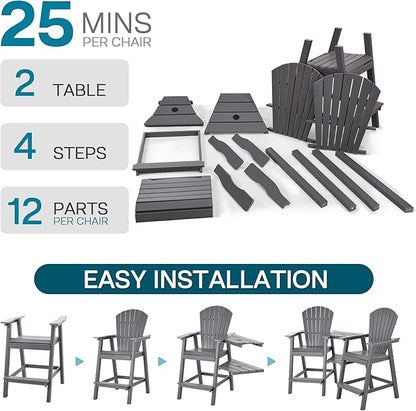 Tall Adirondack Chairs Set of 4, HDPE Balcony Chair with Double Connecting Tray, Weather Resistant Outdoor Adirondack Bar Stools for Patio, Deck, Patio, Backyard, Balcony. (Grey)