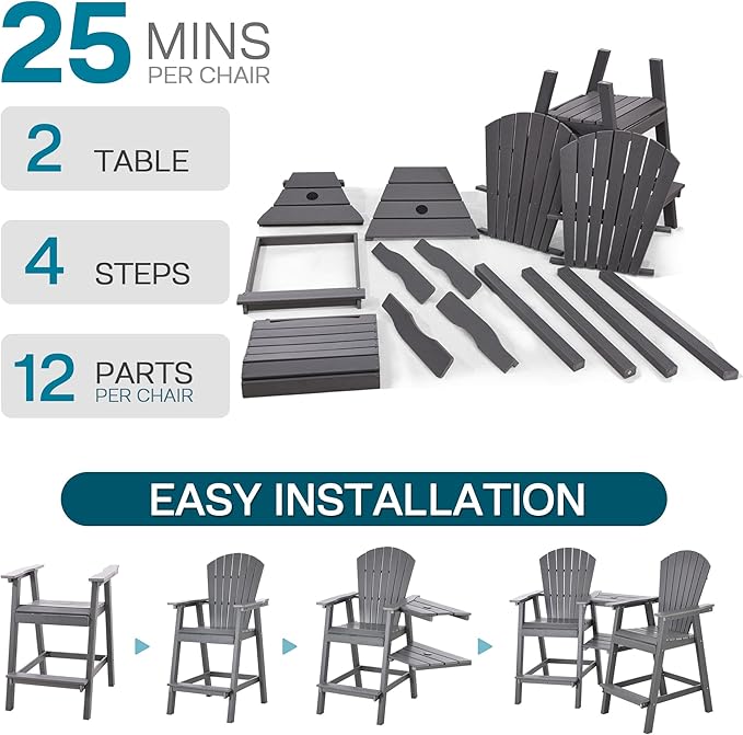 Tall Adirondack Chairs Set of 2, HDPE Balcony Chair with Double Connecting Tray, Weather Resistant Outdoor Adirondack Bar Stools for Patio, Deck, Patio, Backyard, Balcony. (Grey)