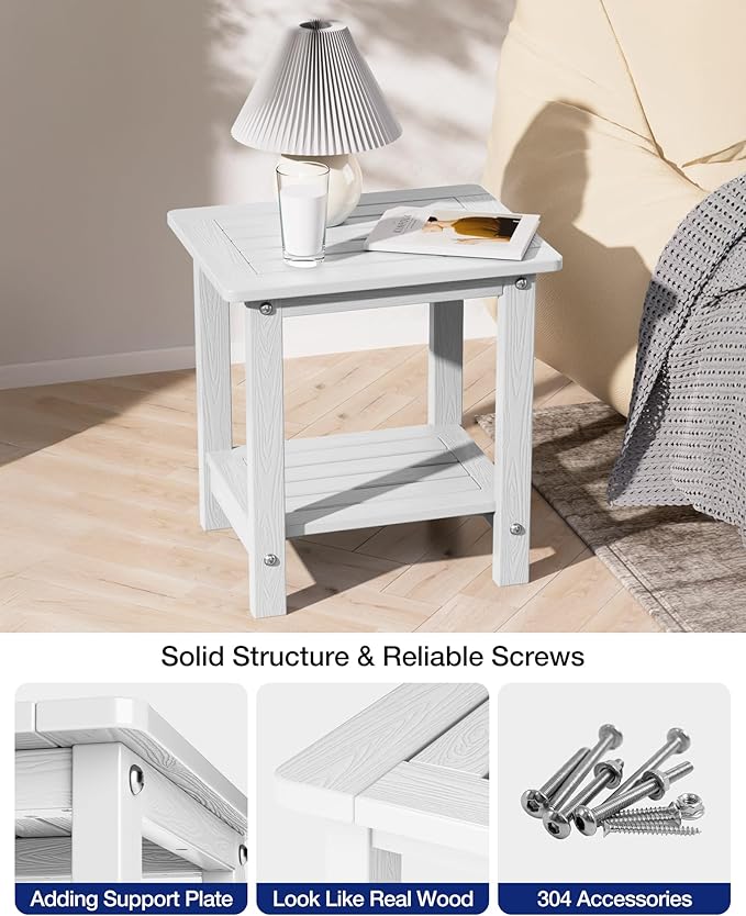 YEFU Outdoor Side Table for Patio: 16" HIPS Weather - Resistant Adirondack Tables - Waterproof Small Square End Tables for Backyard Pool Porch Balcony - Indoor Outdoor Double Layer Table White