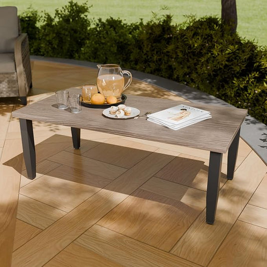 COOS BAY Modern Outdoor Table, Patio Coffee Table with Wood Grain Top, Metal Weather-Resistant Table for Deck, Porch, Balcony, Garden, 47.2" x 23.6" x 16.5", Brown