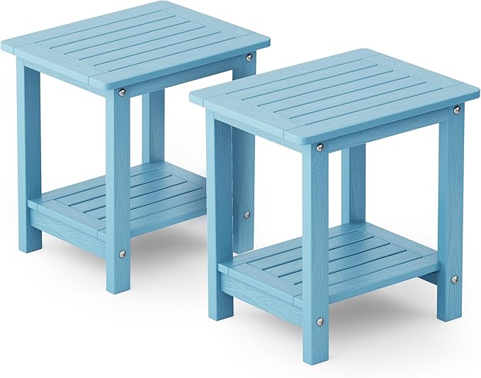 YEFU Outdoor Side Table for Patio: 16" HIPS Weather - Resistant Adirondack Tables Set of 2 - Small Square End Tables for Backyard Pool Porch Balcony - Indoor Outdoor Double Layer Table Blue