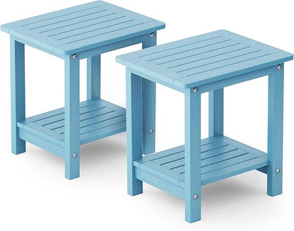 YEFU Outdoor Side Table for Patio: 16" HIPS Weather - Resistant Adirondack Tables Set of 2 - Small Square End Tables for Backyard Pool Porch Balcony - Indoor Outdoor Double Layer Table Blue