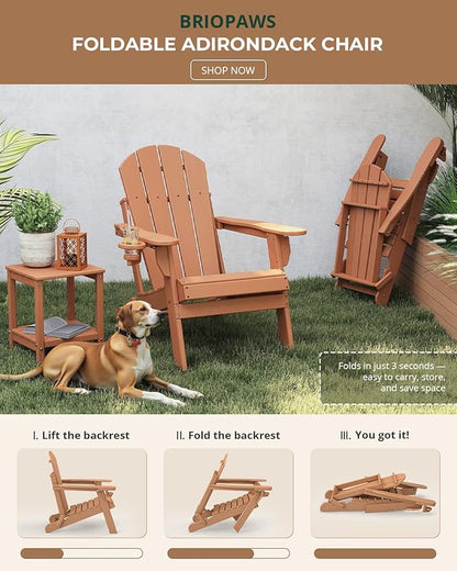 BRIOPAWS Folding-Adirondack-Chairs Set of 2 | HDPE | Fire Pit Chair | Cup Holder | Weather Resistance | Teak | for Outdoor Backyard Deck Patio