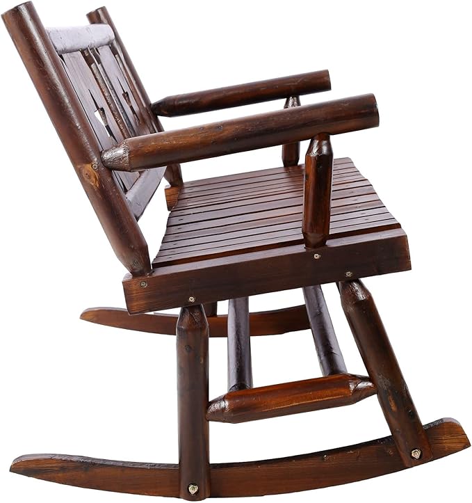Rustic Double Rocking Chair with Star Design - Solid Wood Outdoor Bench for Porch, Patio, and Garden - Comfortable 2-Person Rocker