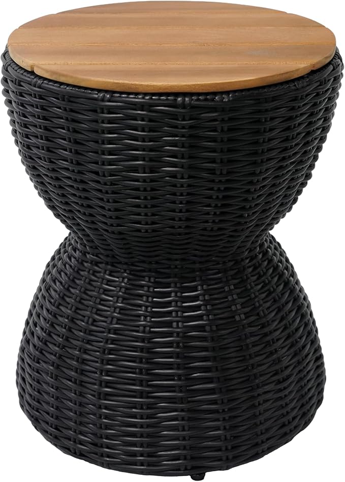 Christopher Knight Home Denhill 15.25" Outdoor Side Table, Round Patio End Table with Wood Top and Wicker Base, Small Outdoor Coffee Table for Balcony Garden, Accent Garden Stool, Black+Natural