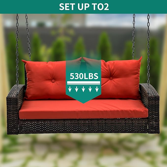 YITAHOME Wicker Hanging Porch Swing Chair Outdoor Brown Rattan Patio Swing Lounge w/ 2 Back Cushions Capacity 530lbs - Photo 4