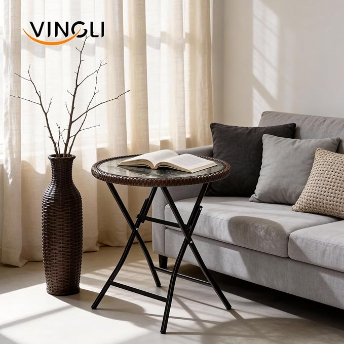 VINGLI 23.6in Modern Brown Rattan Folding Glass Outdoor Side Table, Small Patio Table with Tempered Glass Top,Round,1 Pack