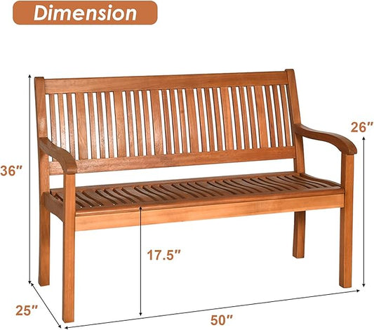 DORTALA 50'' Patio Wooden Bench, Eucalyptus Wood Loveseat with Ergonomic Backrest, Curved Armrests, Sloping Seat, Garden Slatted Bench, Ideal for Patio, Porch, Yard, Lawn, 705 lbs Weight Capacity