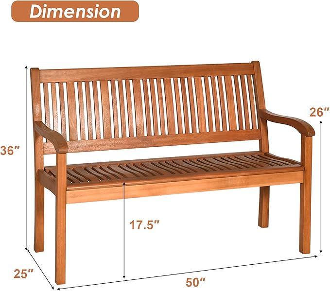 S AFSTAR Patio Garden Bench, 2-Person Loveseat w/Curved Armrest and Backrest, Weight Capacity of 700lbs, Outdoor Wooden Bench for Entry Way Porch Garden