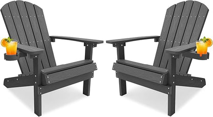 YEFU Adirondack Chairs Set of 2 for Patio: Zero Gravity Fire Pit Chairs Plastic with Cup Holders & Wood Texture - Sturdy All-Weather HIPS for Outdoor Backyard Lawn - Easy Assembly(Dark Grey)