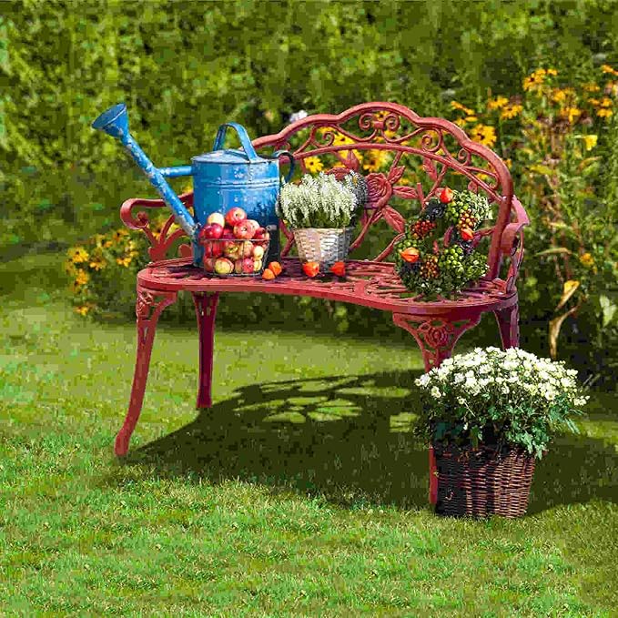 38.5” Outdoor Porch Bench with Hollow Rose Design,Elegant Garden Bench Park Bench for Backyard,Iron Bench with Arms (red)