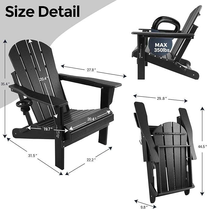 Magpie Fabrics Foldable Adirondack Chair with Cup Holder, HDPE Weather Resistant Oversize Outdoor Chair, Widely Used in Patio, Fire Pit, Deck, Porch, Garden, Campfire (Black)