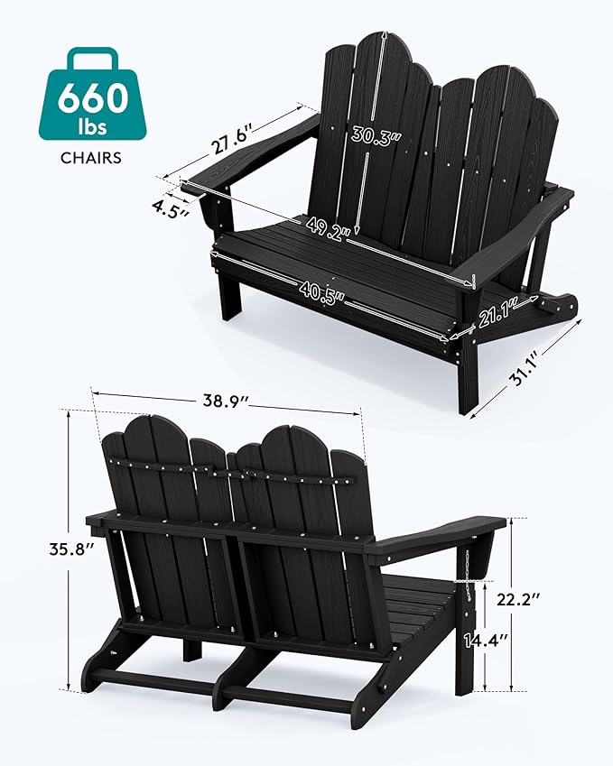 SERWALL Folding Adirondack Bench, HDPE All-Weather Adirondack Loveseat, 660 lbs Capacity - Photo 7