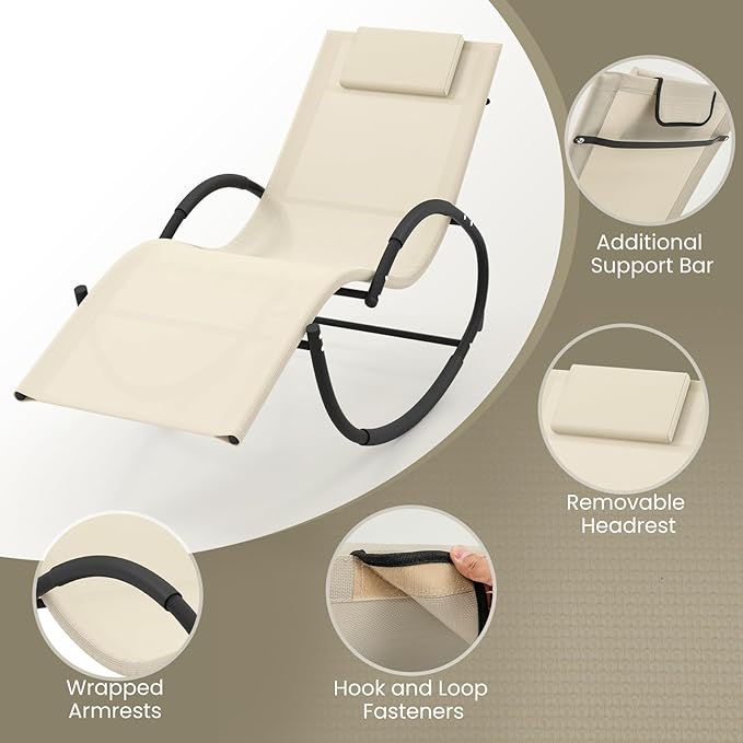Giantex Outdoor Rocking Lounge Chair, Zero Gravity Rocking Chair with Removable Headrest, Breathable Backrest & Seat - Photo 7