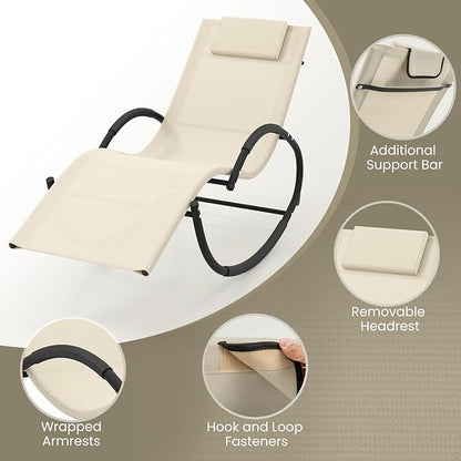 Giantex Outdoor Rocking Lounge Chair, Zero Gravity Rocking Chair with Removable Headrest, Breathable Backrest & Seat, Wrapped Armrests, Cozy Sun Lounger for Patio, Pool, Yard, Garden, Beige