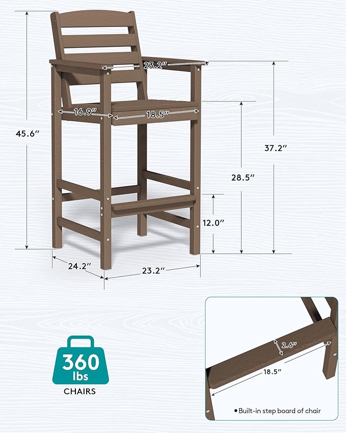 SERWALL Tall Adirondack Chairs Set of 2, Balcony Adirondack Chairs Set, Outdoor Bar Height Barstools Chair Set for Bistro, Poolside, Garden, Coffee