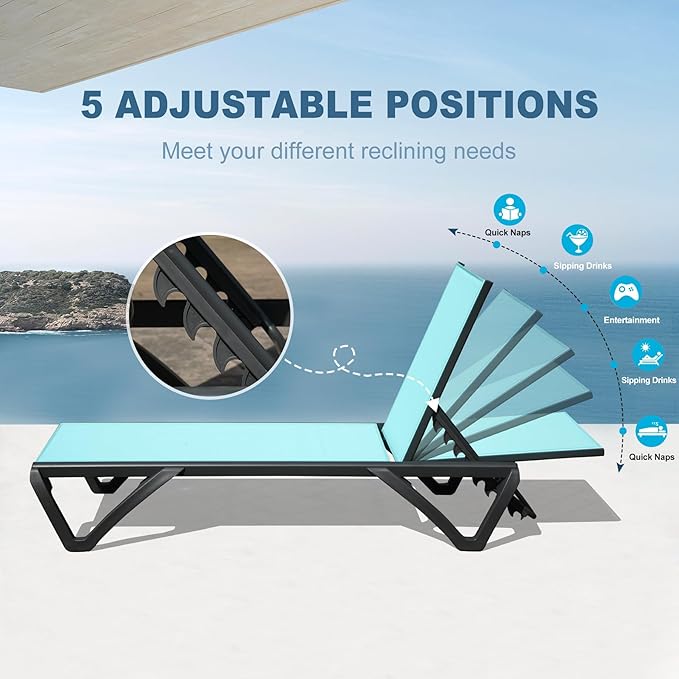 Domi Pool Lounge Chairs, Aluminum Patio Chaise Lounge with Side Table, 5 Position Adjustable Backrest and Wheels, All Weather Outdoor Lounge Chairs for Beach, Yard, Balcony, Poolside, Turquoise Blue