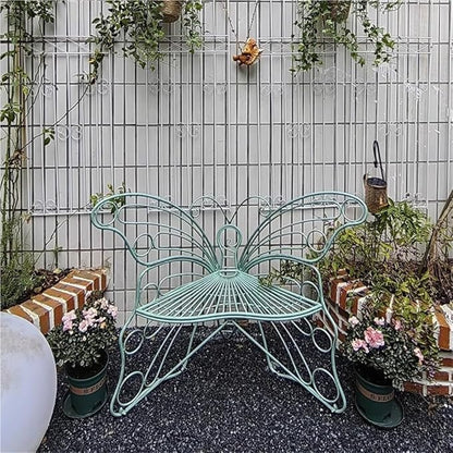 Outdoor Butterfly Wrought Iron Chair, Outdoor Benches Weatherproof, Decorative Metal Garden Bench for Patio, Balcony, Porch or Yard(Blue)