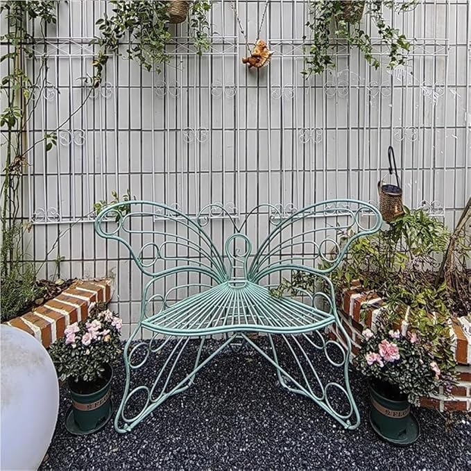 Outdoor Butterfly Wrought Iron Chair, Outdoor Benches Weatherproof, Decorative Metal Garden Bench for Patio, Balcony, Porch or Yard(White)