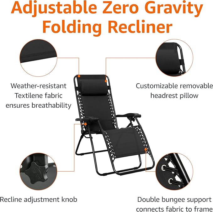 Amazon Basics Outdoor Patio Zero Gravity Portable Folding Reclining Lounge Chair with Padded Headrest Pillow - Photo 5