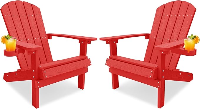 YEFU Adirondack Chairs Set of 2 for Patio: Zero Gravity Fire Pit Chairs Plastic with Cup Holders & Wood Texture - Sturdy All-Weather HIPS for Outdoor Backyard Lawn - Easy Assembly(Red)