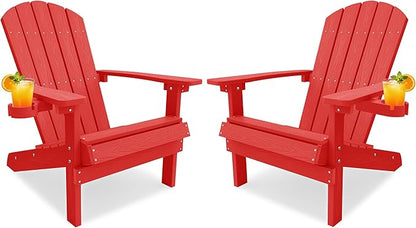 YEFU Adirondack Chairs Set of 2 for Patio: Zero Gravity Fire Pit Chairs Plastic with Cup Holders & Wood Texture - Sturdy All-Weather HIPS for Outdoor Backyard Lawn - Easy Assembly(Red)