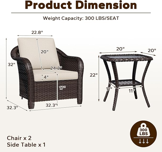 3 Piece Patio Wicker Bistro Set, 2 All-Weather Use Outdoor Wicker Chairs with PE Rattan Side Table, Ideal for Porch - Photo 2