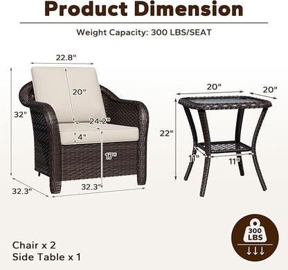 3 Piece Patio Wicker Bistro Set, 2 All-Weather Use Outdoor Wicker Chairs with PE Rattan Side Table,Ideal for Porch, Backyard, Balcony, Poolside, Beige
