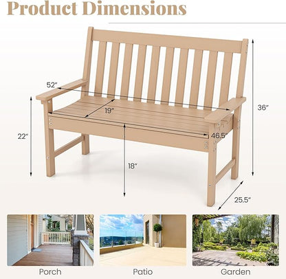 RELAX4LIFE 2-Person Patio Outdoor Bench - 52’’ All-Weather HDPE Garden Bench with Armrests & Slatted Backrest, Patio Bench for Front Porch Park Poolside Backyard, 705 LBS Weight Capacity (Teak)