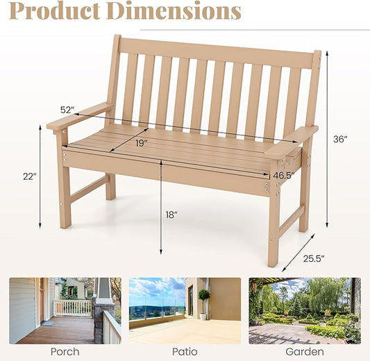 RELAX4LIFE 2-Person Patio Outdoor Bench - 52’’ All-Weather HDPE Garden Bench with Armrests & Slatted Backrest, Patio Bench for Front Porch Park Poolside Backyard, 705 LBS Weight Capacity (Teak)