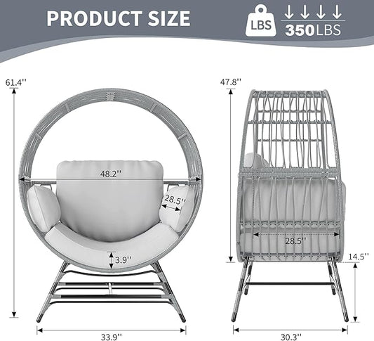 Fancyango Egg Chair Outdoor Indoor, Oversized Rattan Chair with Thicken Cushion, 350LBS Capacity Wicker Patio Lounge Chair, Basket Chair for Living Room Balcony Porch Backyard, Grey/Light Grey