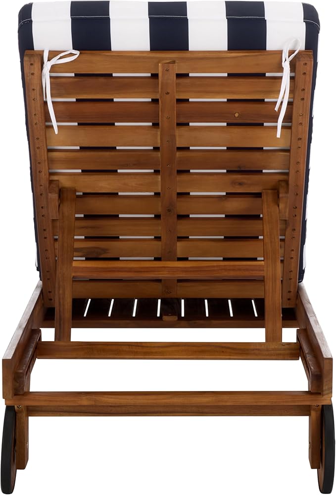 SAFAVIEH Outdoor Patio Furniture Collection - Newport Natural Solid Wood Chaise Lounge Chair with Navy Stripe Cushion, Adjustable Backrest (PAT7316F)