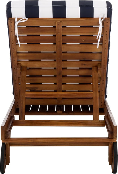 SAFAVIEH Outdoor Patio Furniture Collection - Newport Natural Solid Wood Chaise Lounge Chair with Navy Stripe Cushion, Adjustable Backrest (PAT7316F)