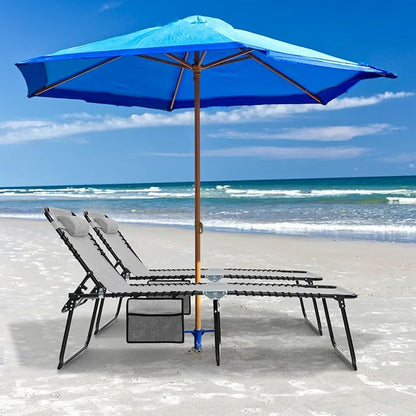 GYMAX Lounge Chairs for Outside, Extra High Folding Beach Tanning Lounger with Adjustable Backrest, Footrest & Removable Pillow, Sunbathing Lounge for Patio, Poolside (2, Grey with Pocket)