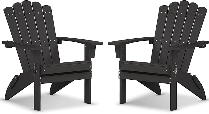 Folding HDPE Adirondack Chair Set of 2, Weather-Resistant Patio Chair with Wide Armrests & High Backrest, Fire Pit Chair for Garden, Backyard, Porch