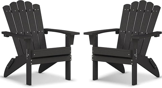 Folding HDPE Adirondack Chair Set of 2, Weather-Resistant Patio Chair with Wide Armrests & High Backrest, Fire Pit Chair for Garden, Backyard, Porch