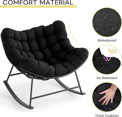 Kromax Oversized Outdoor Papasan Rocking Chair Set of 2, Wicker Egg Chair Rocker for Outside, Comfy Patio Rocker, Large Indoor Rocking Recliner, Modern Egg Style, Black
