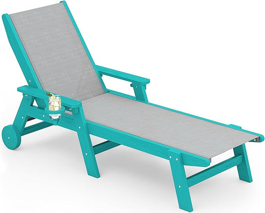 SERWALL Patio Chaise Lounge Chair, 5 Positions Outdoor Lounger for Pool, Textilene Lounge Chair with Rolling Wheels for Poolside, Deck, Aqua Blue