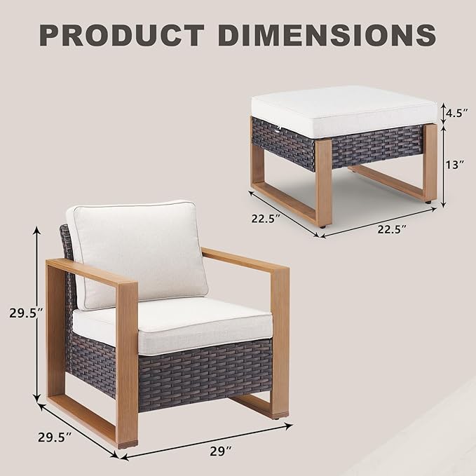 Rilyson Outdoor Wicker Patio Furniture Set - 4 Piece Patio Conversation Set with 2 Wicker Armrest Chairs,2 Rattan Ottoman, Sturdy Frame, Thick Cushions, Deep Seating(Brown/Beige)
