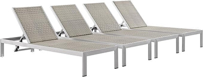 Modway Shore Aluminum Wicker Rattan Outdoor Patio Four Poolside Chaise Lounge Chairs in Silver Gray