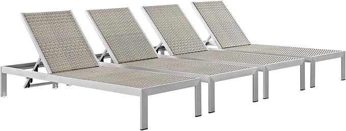 Modway Shore Aluminum Wicker Rattan Outdoor Patio Four Poolside Chaise Lounge Chairs in Silver Gray