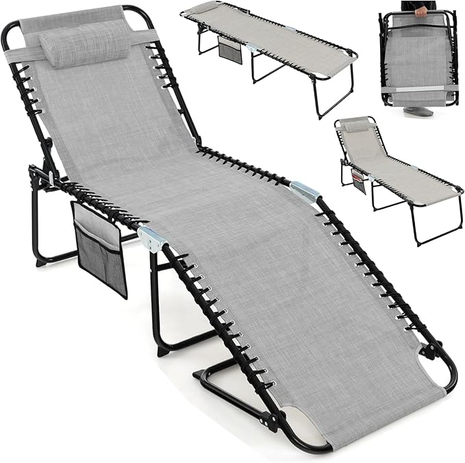 Giantex Patio Lounge Chairs for Outside - Folding Tanning Chair w/Headrest, 4 Adjustable Positions, Side Pocket - Photo 1