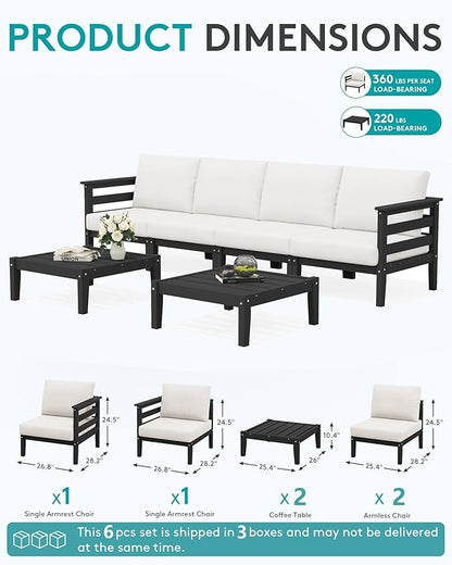SERWALL HDPE Patio Furniture Set, 6 Pieces Outdoor Sectional Sofa Set, All-Weather Wood-Like Outdoor Sofa Couch with Coffee Table for Deck, Lawn, Black Frame with Khaki Cushion