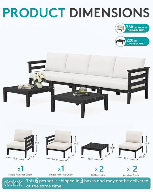 SERWALL HDPE Patio Furniture Set, 6 Pieces Outdoor Sectional Sofa Set, All-Weather Wood-Like Outdoor Sofa Couch with Coffee Table for Deck, Lawn, Black Frame with Khaki Cushion