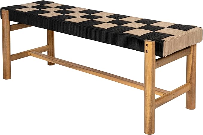 Eyely HNB202A Denis 48" 2-Seat Backless 700-Lbs Support Acacia Wood Outdoor Bench with Checkerboard Woven Rope Seat for Patio, Garden, Lawn, Backyard, Pool, Deck, Beach, Black/Beige