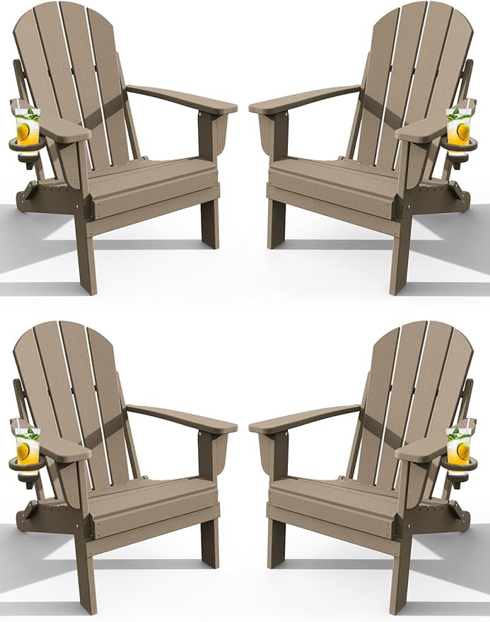 Adirondack Chair with Cup Holder Set of 4, Folding HDPE Patio Chairs, Outdoor Plastic Fire Pit Chair, Wood Texture, Lawn Chairs for Deck, Porch, Backyard, Garden, Weathered Wood