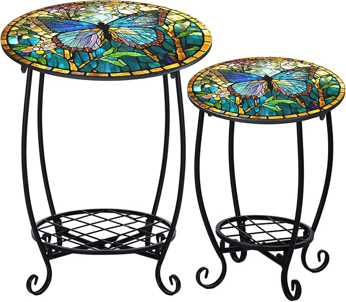 2 Pcs Outdoor Side Table Small Patio Round Mosaic Accent End Table Indoor Plant Metal Coffee Tea Tables for Patio Yard - Photo 1